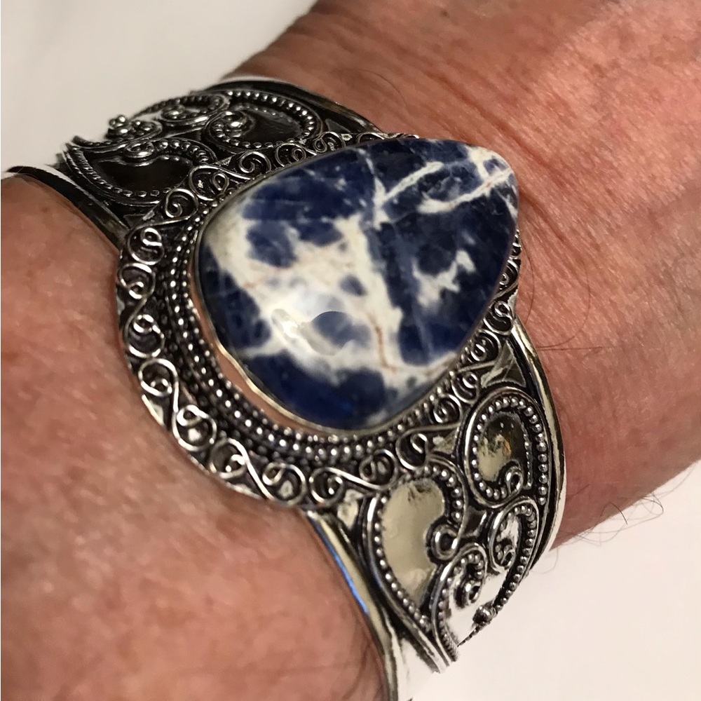 Sodalite Stamped 925 Sterling Silver Cuff Bracelet